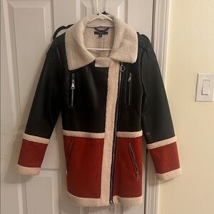 Black and Red Faux Leather Jacket with Shearling Trim